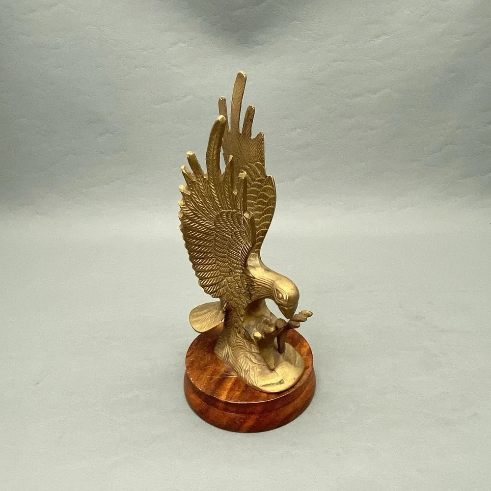Vintage Brass Bald Eagle Statue Figurine on Wood Base 8.5